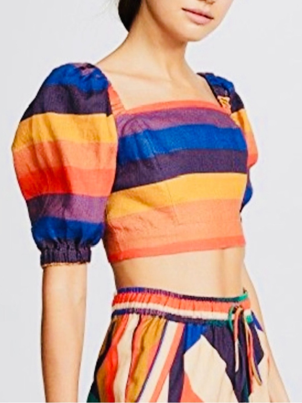Farm Rio Rainbow Multicolor Striped Short Puff Sleeve Linen Crop Top Size Small - Picture 3 of 11